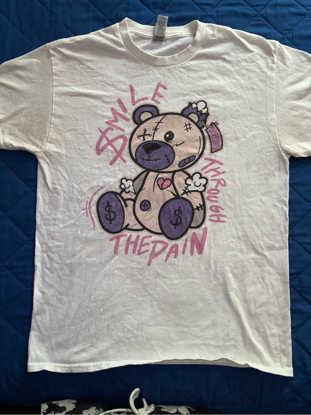 White Graphic Tee with Pink & Purple Bear - Unbranded